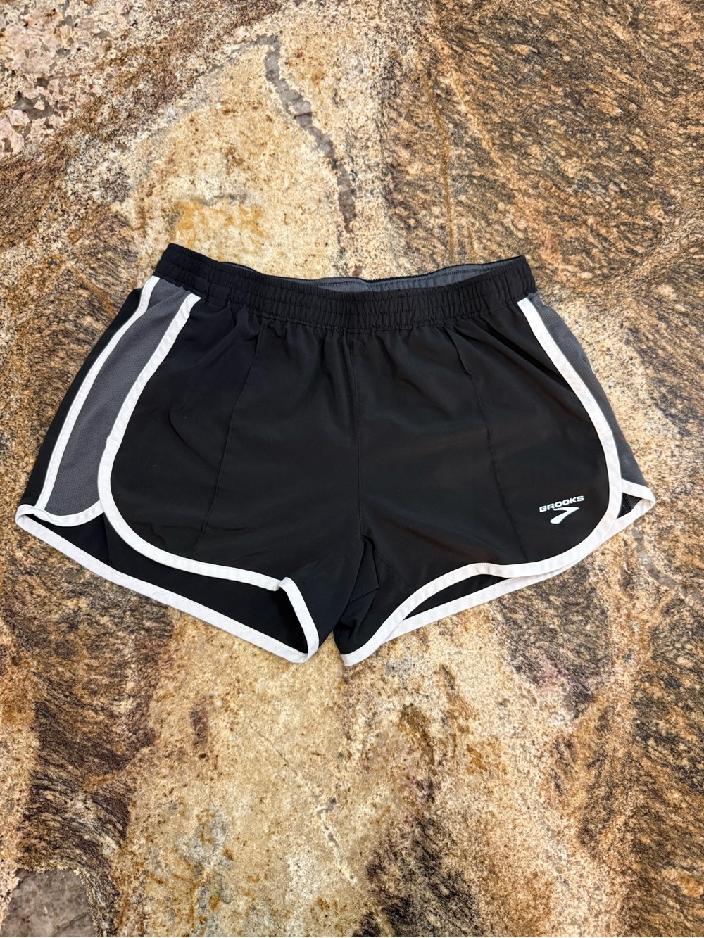 Brooks Black Women's Running Shorts with White Trim, Gray Mesh Sides